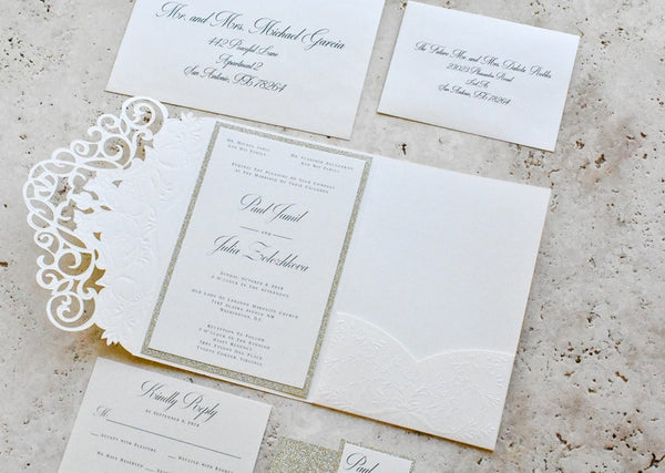 Ivory and Champagne Gold Laser Cut Wedding Invitations with Belly Band (6)