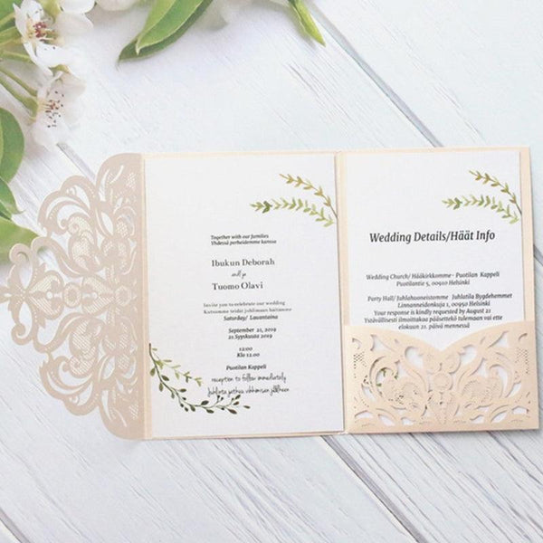 Ivory laser cut pocket tri folding invitation cards