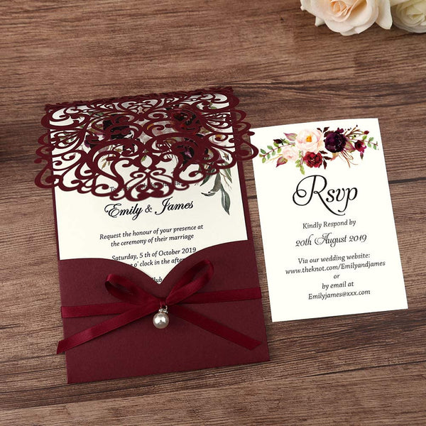 Laser Cut Burgundy Wedding Invitations With Ribbon Belly Band Pearl Embellishments (1)