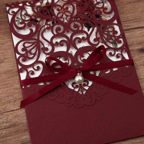 Laser Cut Burgundy Wedding Invitations With Ribbon Belly Band Pearl Embellishments (2)
