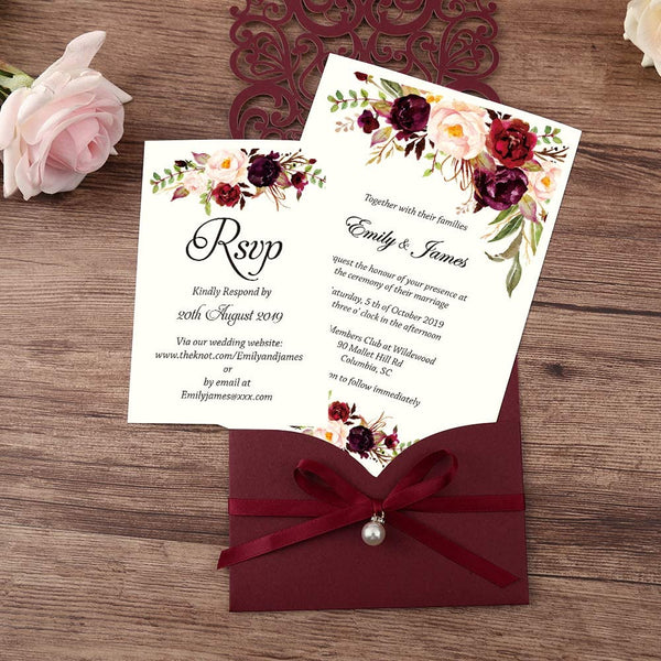 Laser Cut Burgundy Wedding Invitations With Ribbon Belly Band Pearl Embellishments (4)
