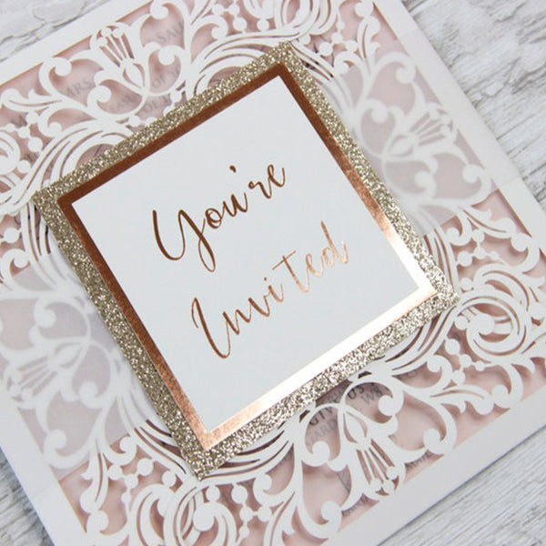 Light Cream Gold Glitter Laser Cut Invitations with Belly Band (1)