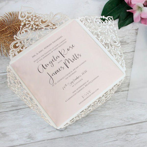 Light Cream Gold Glitter Laser Cut Invitations with Belly Band (4)