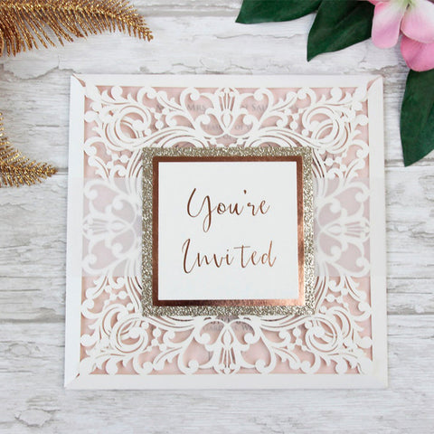 Light Cream Gold Glitter Laser Cut Invitations with Belly Band