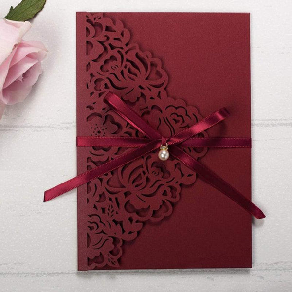 Luxury Burgundy Laser Cut Wedding Invitations with Floral Designs (1)