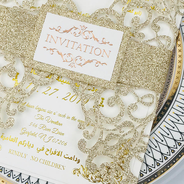 Luxury Champagne Gold Glittery Laser Cut Wedding Invitations with Letter Pressed Wording and Belly Band Lcz074 (3)
