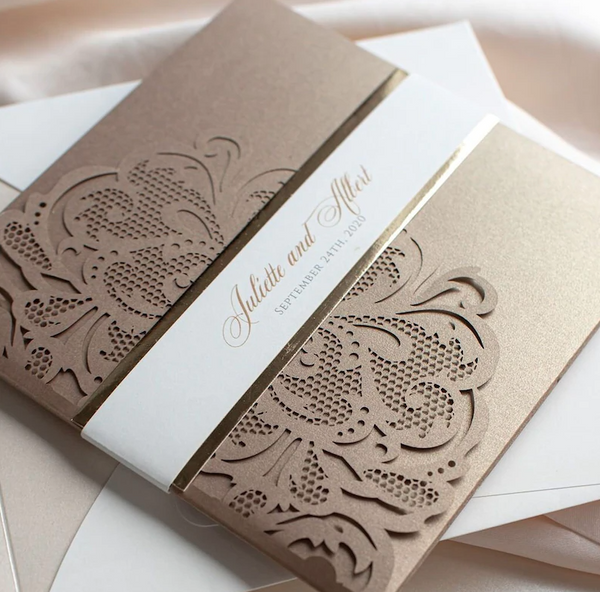 Luxury Laser Cut Pocketfold Wedding Invitation with Gold Backing (1)