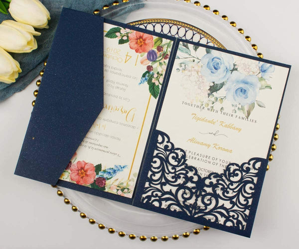 Luxury Pearl Navy Blue Tri Fold Wedding Invitations (4)