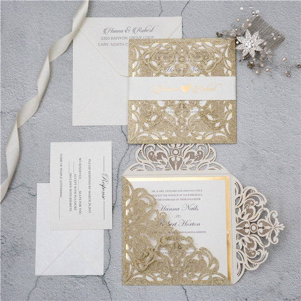 Luxury Square Champagne Glittery Wedding Invitations with Floral Belly Band Lcz091 (1)