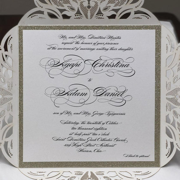 Luxury Square Champagne Glittery Wedding Invitations with Floral Belly Band Lcz091 (2)