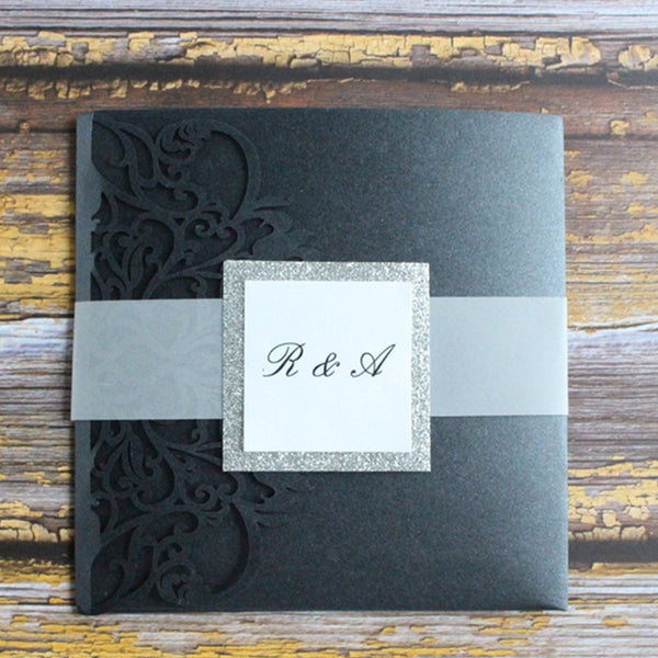 Modern Black Square Laser Cut Wedding Invitations with Belly Band (1)