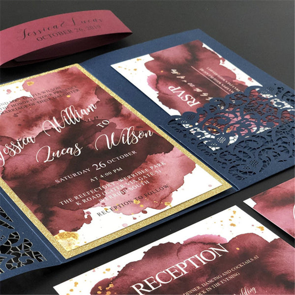 Modern Navy Blue Laser Cut Wedding Invitations with Amazing Watercolor Designs Lcz038 (5)