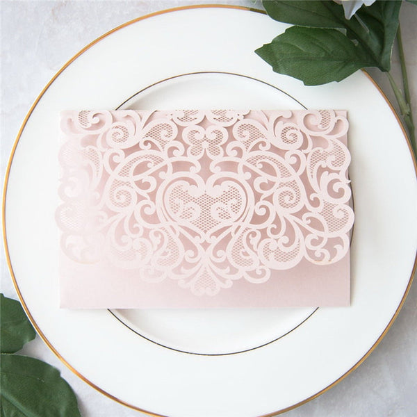 Modern Tri-folded Blush Pink Laser Cut Wedding Invitations Pocket Lcz037 (3)