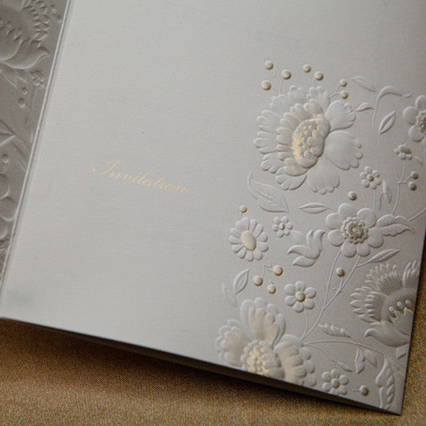Modern white wedding invitations with engraved flowers and ribbons LC004_4