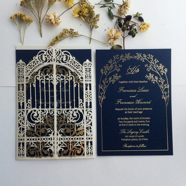 Navy Blue Castle wedding palace laser cut invitation (1)