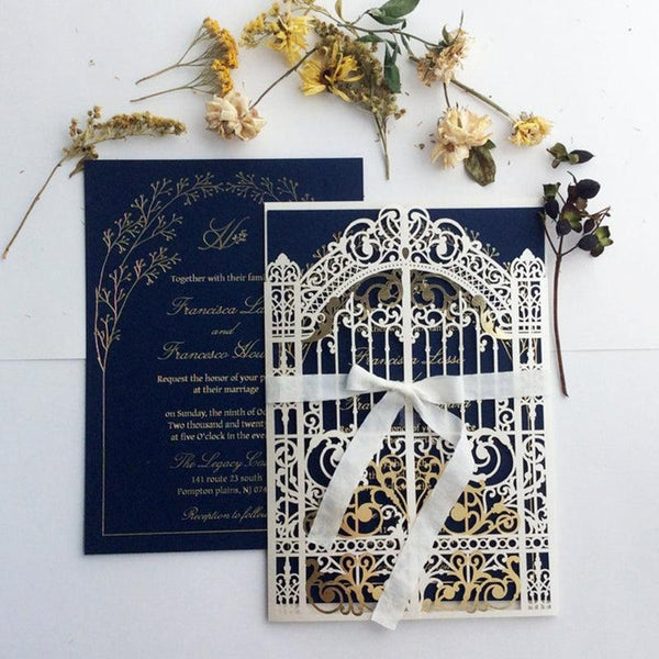 Navy Blue Castle wedding palace laser cut invitation (2)
