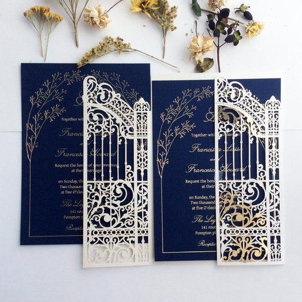 Navy Blue Castle wedding palace laser cut invitation