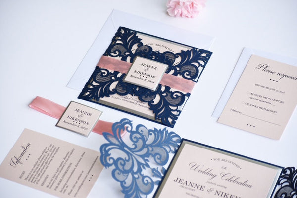 Navy Blue and Blush Laser Cut Wedding Invitations with Amazing Detai (1)