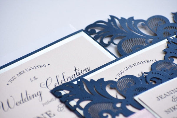 Navy Blue and Blush Laser Cut Wedding Invitations with Amazing Detai (3)