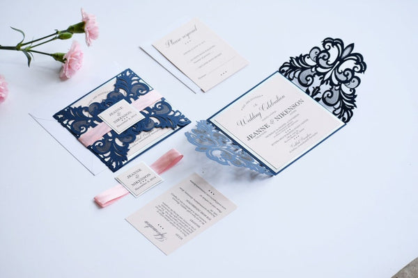 Navy Blue and Blush Laser Cut Wedding Invitations with Amazing Detai (5)