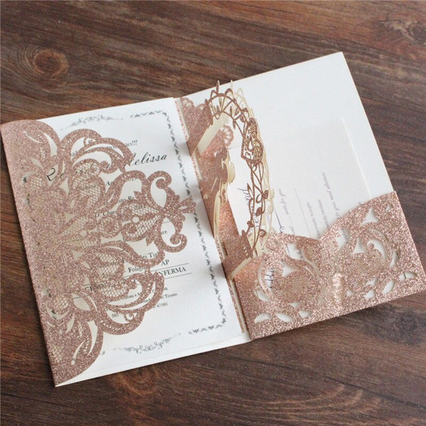 Pop up Rose Gold Wedding Invitations with Hollow Design (1)