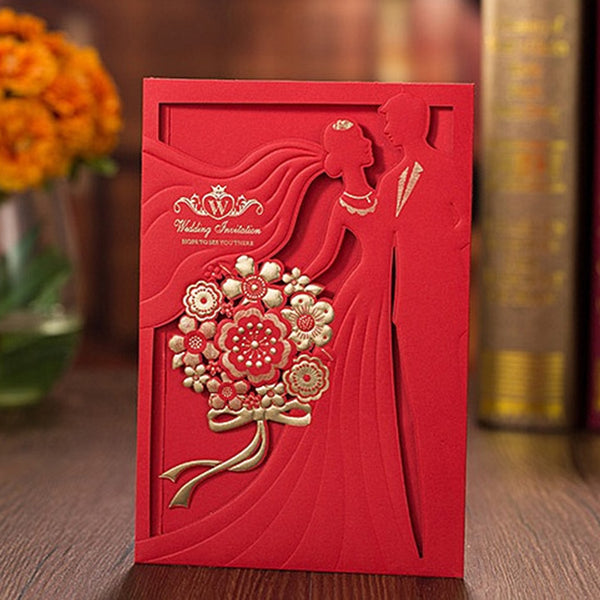 Red Laser Cut Wedding Invitations Card with Bride and Groom (5)