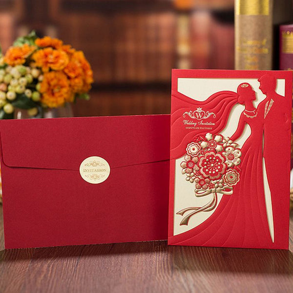 Red Laser Cut Wedding Invitations Card with Bride and Groom