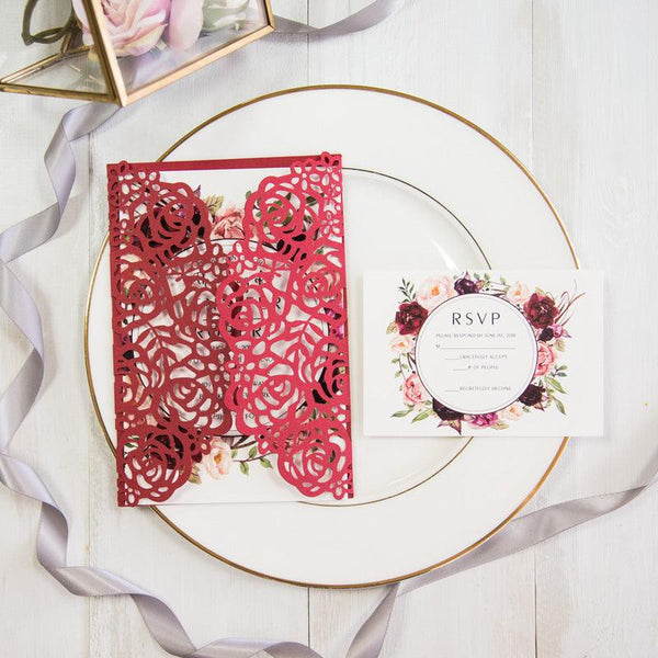 Red and Burgundy Rose Lace Design-Laser cut Invitation (5)
