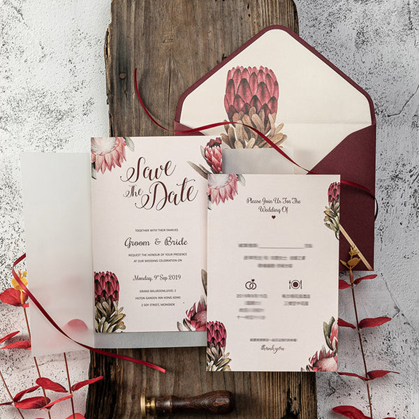 Refreshing Folded Burgundy Wedding Invitations with Protea on Transparent Vellum Paper Lcz107 (1)