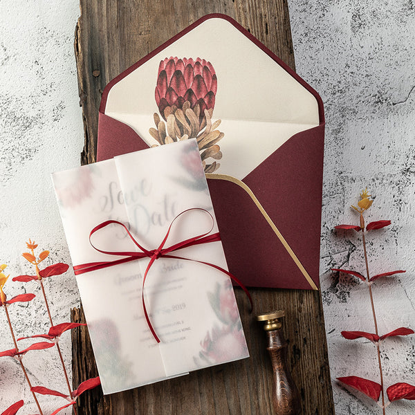 Refreshing Folded Burgundy Wedding Invitations with Protea on Transparent Vellum Paper Lcz107 (5)
