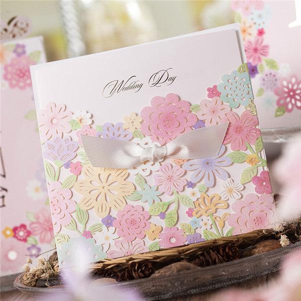 Refreshing colorful laser cut wedding inviation with ribbon LC080 (1)