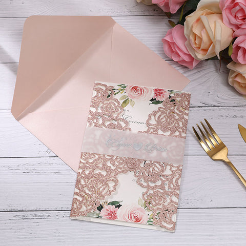 Romantic Rose Gold Glittery Laser Cut Wedding Invitations with Vellum Belly Band Lcz081 (1)