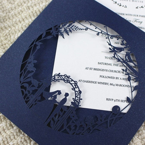 Romantic Square Nany Blue Laser Cut Wedding Invitations with Hollow Design