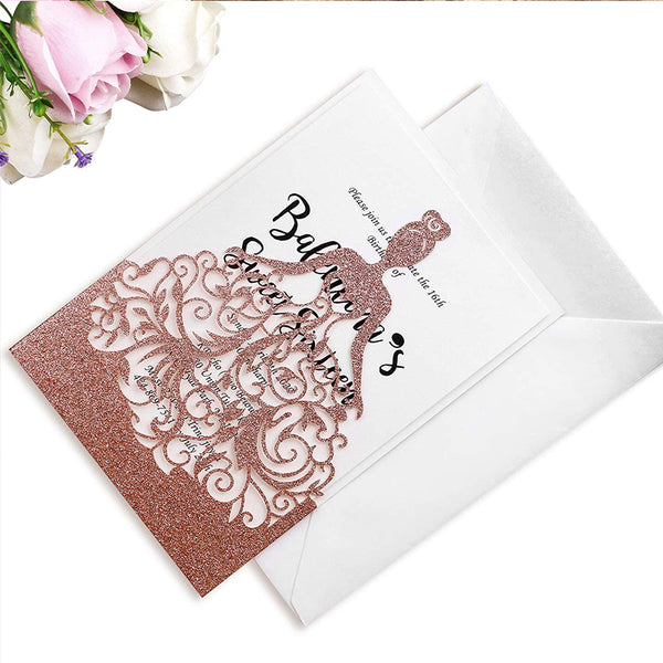 Rose Gold Glitter Laser Cut Crown Wedding Invitations Cards For Birthday Sweet 15 (4)