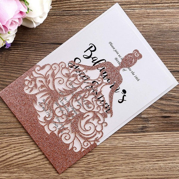 Rose Gold Glitter Laser Cut Crown Wedding Invitations Cards For Birthday Sweet 15 (5)