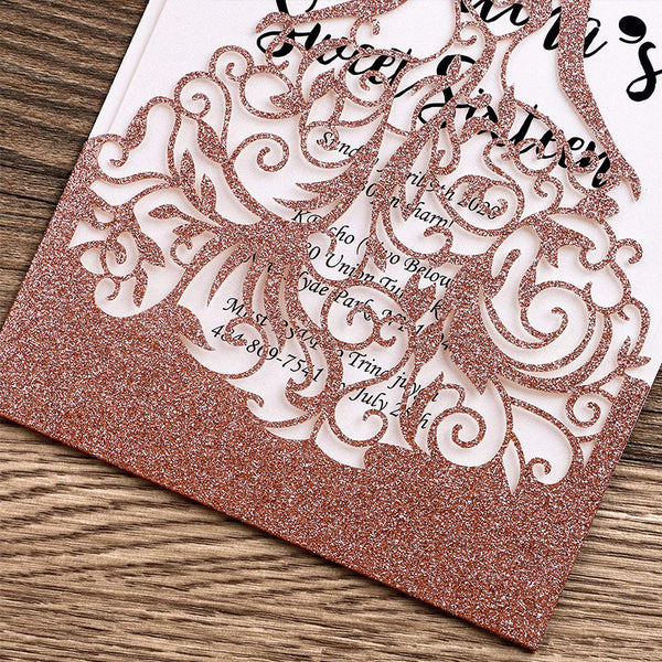Rose Gold Glitter Laser Cut Crown Wedding Invitations Cards For Birthday Sweet 15 (6)