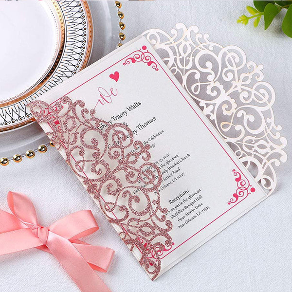 Rose Gold Glitter Laser Cut Wedding Invitations Cards with Envelopes Ribbons (4)