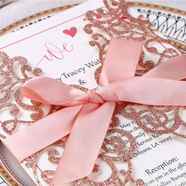 Rose Gold Glitter Laser Cut Wedding Invitations Cards with Envelopes Ribbons (6)