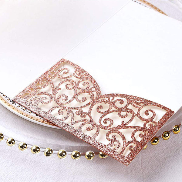 Rose Gold Glitter Tri-Fold Laser Cut Wedding Invitation Pocket with Envelopes (2)