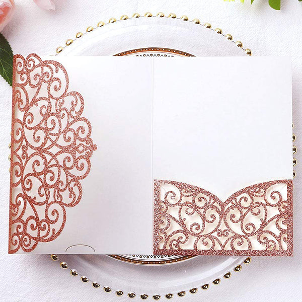 Rose Gold Glitter Tri-Fold Laser Cut Wedding Invitation Pocket with Envelopes (4)