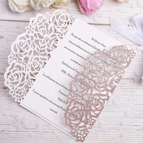 Rose Gold Glitter Wedding Invitations Cards Laser Cut Hollow Rose With White Ribbons (4)
