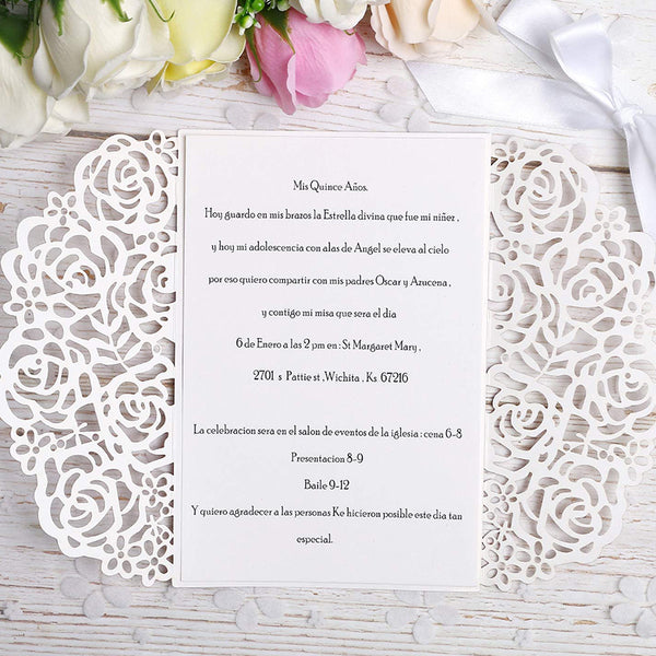 Rose Gold Glitter Wedding Invitations Cards Laser Cut Hollow Rose With White Ribbons (5)