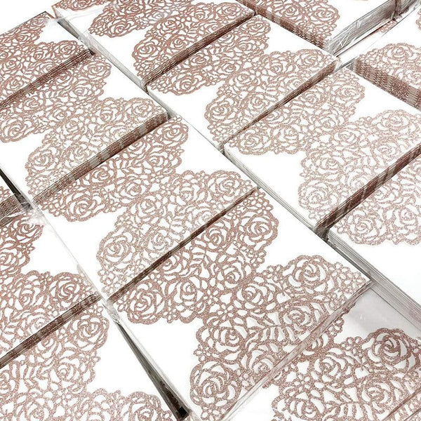 Rose Gold Glitter Wedding Invitations Cards Laser Cut Hollow Rose With White Ribbons (6)