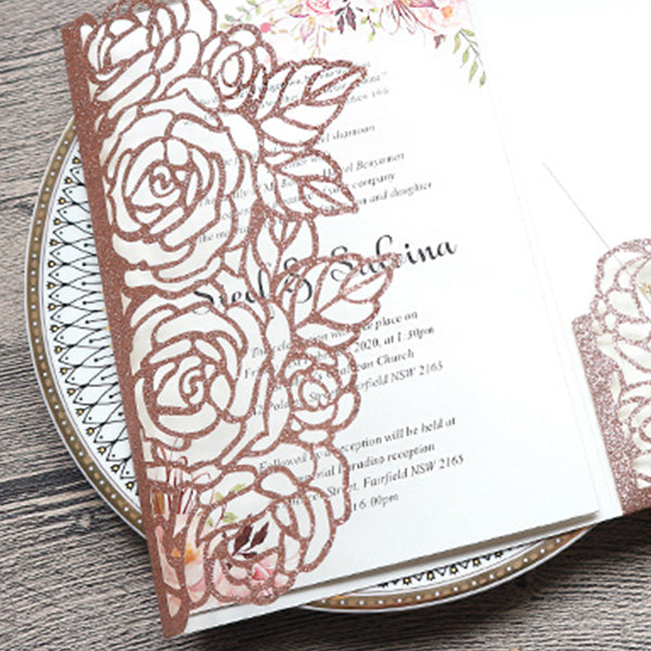 Rose Gold Glittery Wedding Invitation with Pocket and Refreshing Floral Designs Lcz026 (4)