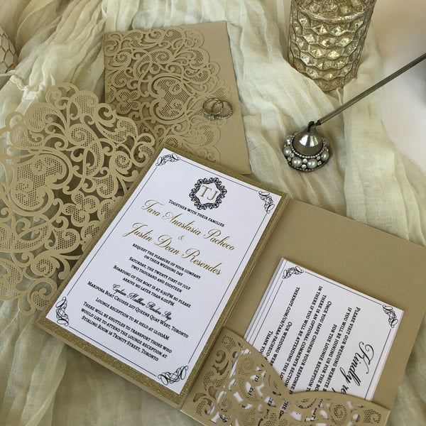 Royal Lace Champagne Gold and White Shimmer Wedding Invitation (1)
