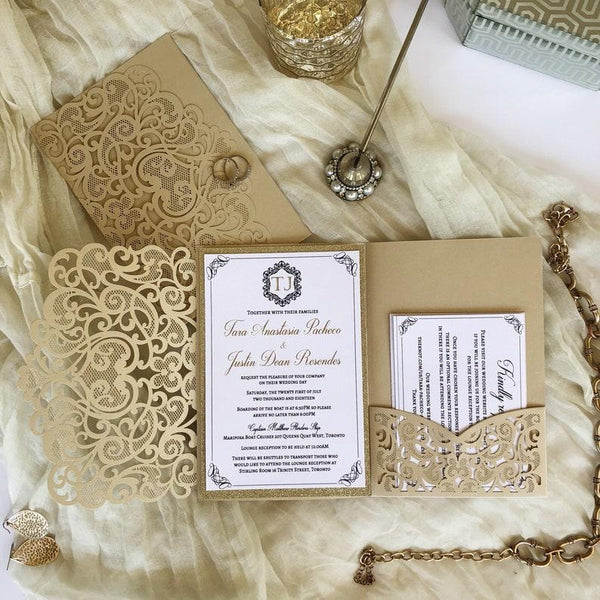Royal Lace Champagne Gold and White Shimmer Wedding Invitation (5)
