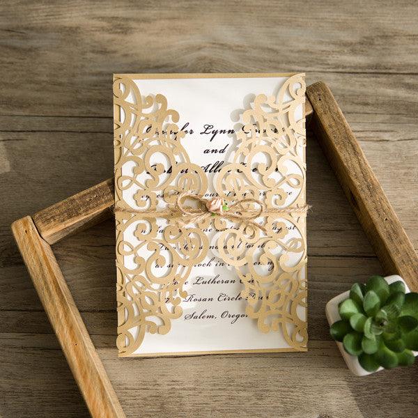 Rustic Kraft Fold Lasercut Invitation with Flower Accents (1)