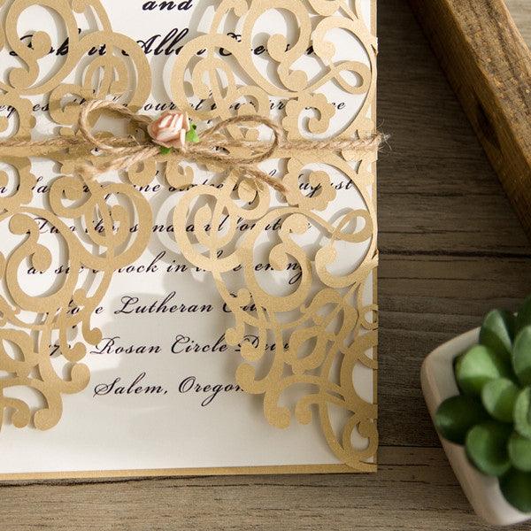 Rustic Kraft Fold Lasercut Invitation with Flower Accents (2)