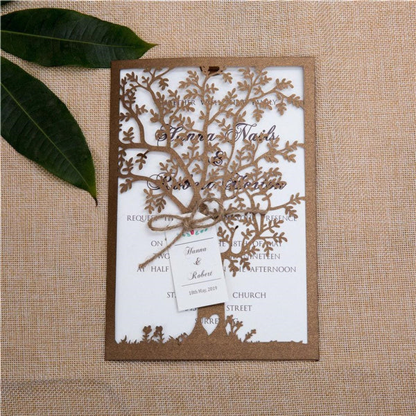 Rustic Shimmer Brown Love Tree Laser Cut Wedding Invitations with Personalized Tag Lcz059 (2)