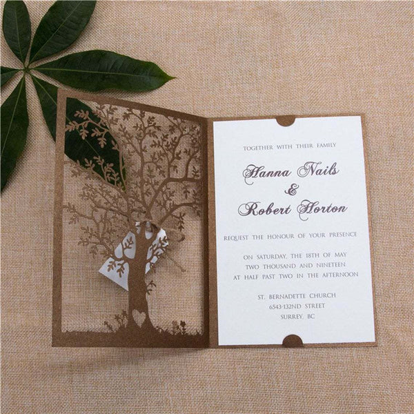 Rustic Shimmer Brown Love Tree Laser Cut Wedding Invitations with Personalized Tag Lcz059 (6)